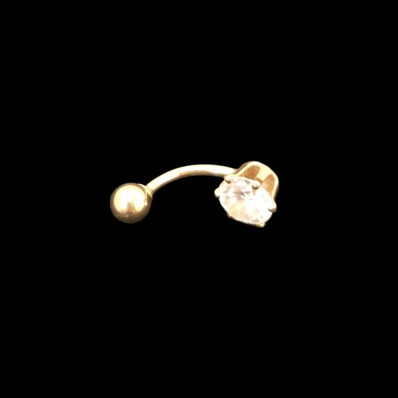 14k Gold YG Belly Button Ring Navel Barbell with Clear Gem - Picture 3 of 6